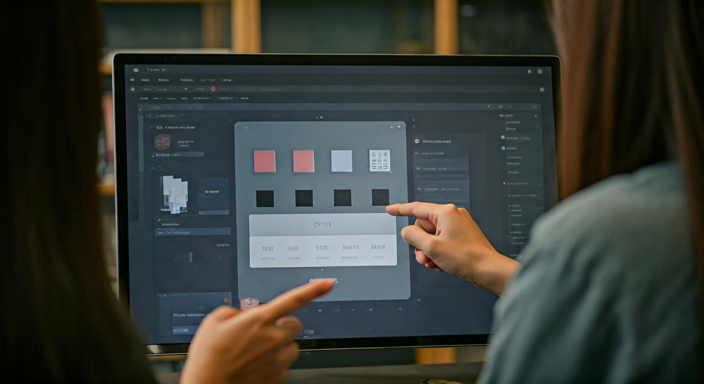 Designers in a Kuala Lumpur agency reviewing a shared Figma file on a large screen, pointing at components and discussing layout decisions collaboratively.