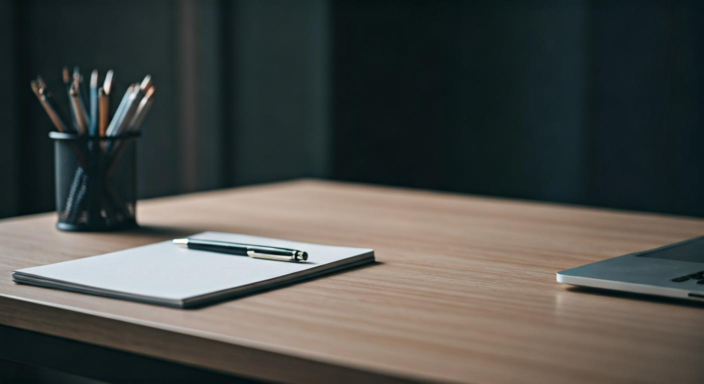 A clean reception desk with a laptop, notebook, and pen, symbolizing professional communication and client inquiries in a design training studio.